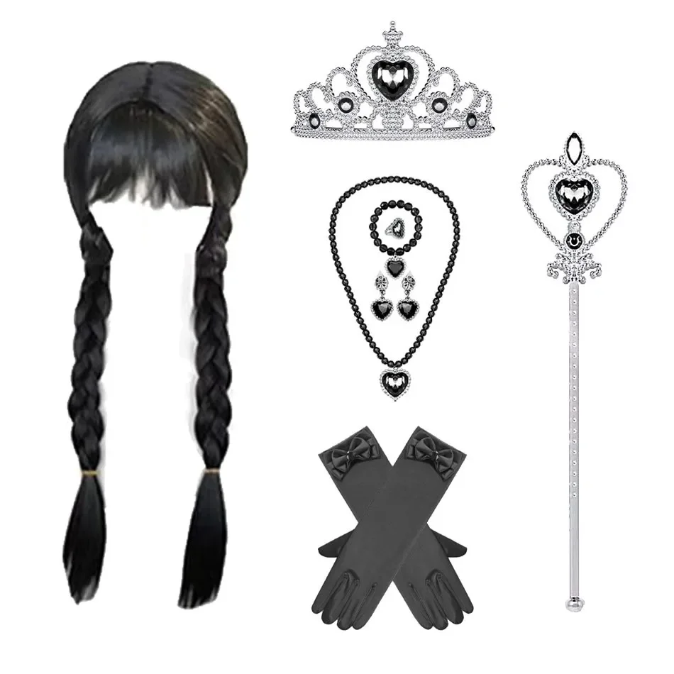 Wednesday Wig For Kids Halloween Wednesday Addams Black Braids Synthetic Hair Cosplay Accessories Crown Necklace Headdress Suit