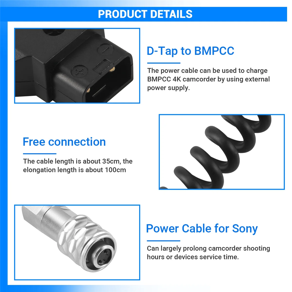 ZIZI D-Tap to BMPCC 4K 2 Pin Locking Power Cable for Pocket Cinema Camera 4K V Mount Battery