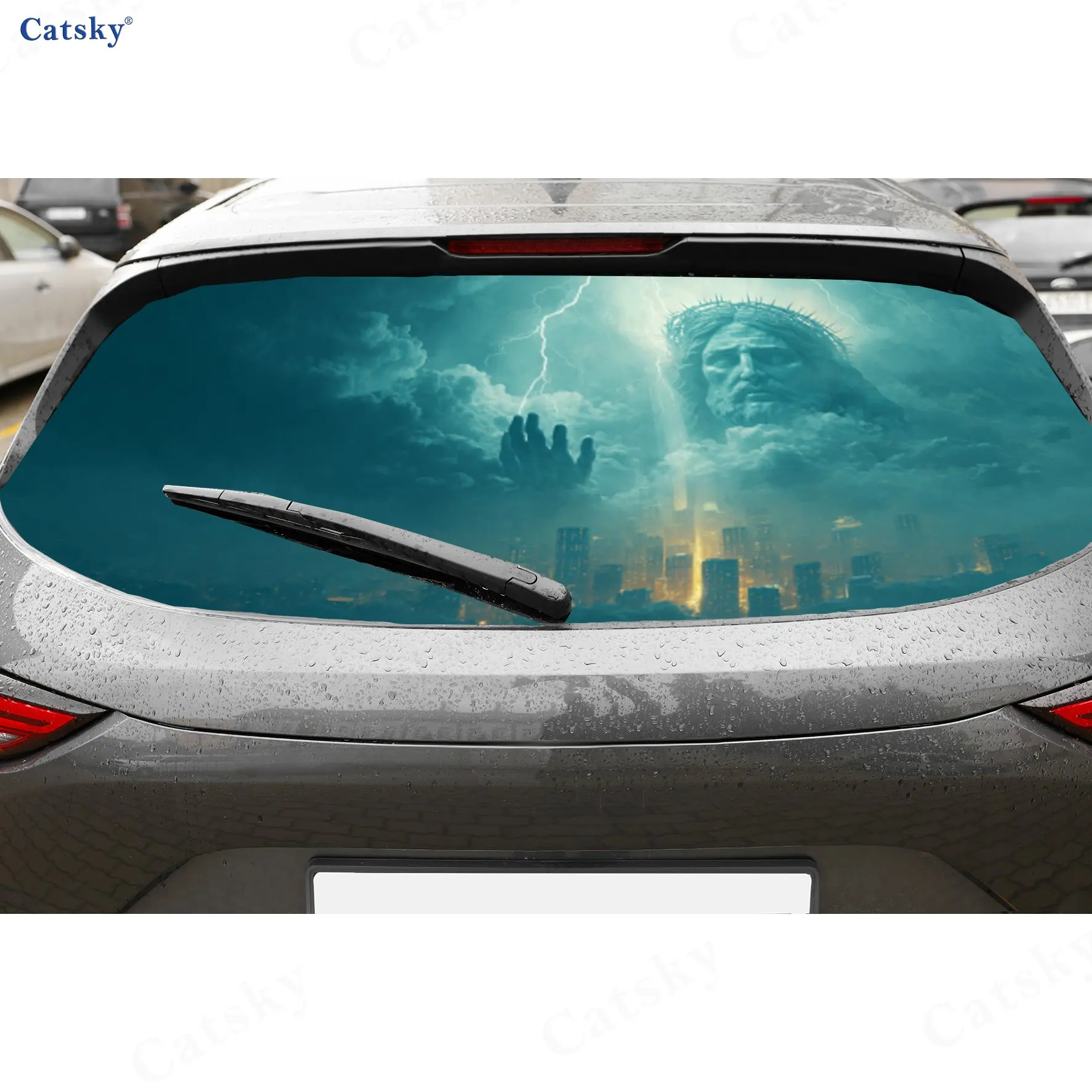 

Jesus Christ Lightning Cloud PVC Perforated Car Vinyl Wraps, Durable Car Windshield Sticker, Waterproof Car Window Decal