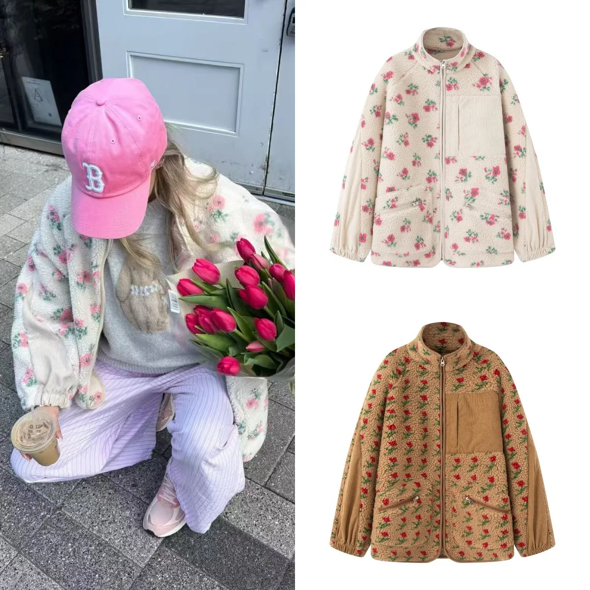

Women's Autumn Winter Cotton Jacket Stand Collar Floral Embroidery Lamb Velvet Cardigan Warmth Outerwear Coat