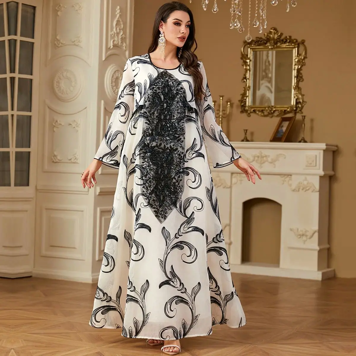 

Middle East CrossBorder New Women's Loose Faion Embroidered Dr CleanFit 45 Deee Slant Cut MidHigh Waist Soft Fabric