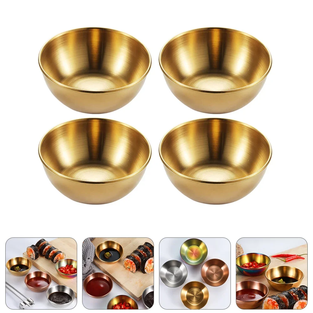 4pcs Golden Sauce Dish Appetizer Serving Tray Stainless Steel Sauce Dishes Spice Plates Kitchen Supplies Plates Spice Dish Plate