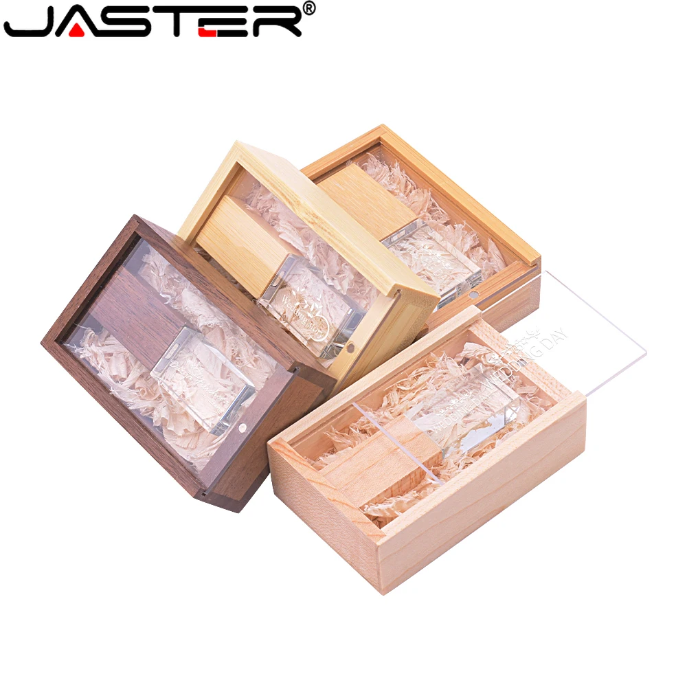 New Arrival Clear Cover Sliding Box Maple Wood Crystal USB Flash Drive 128GB Free Custom Logo Pen Drive Creative Wedding Gift