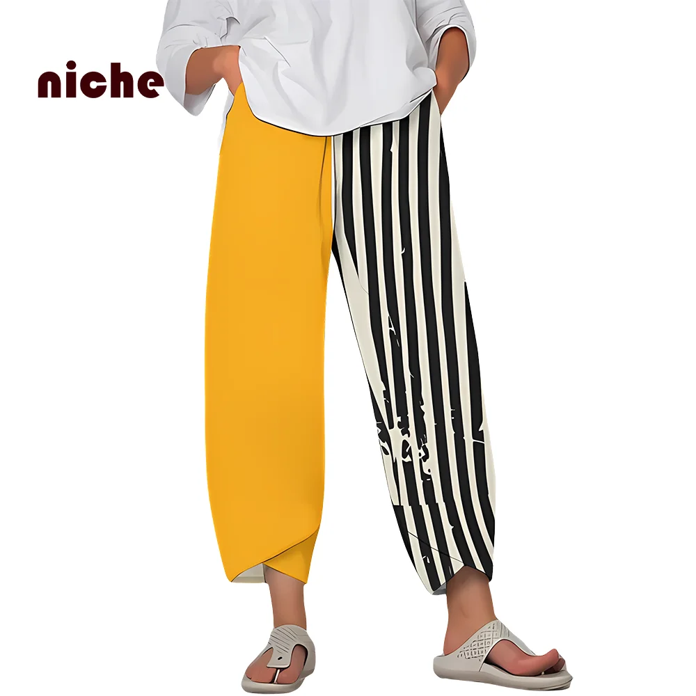 Pure Cotton Women's Large Size Beach Pants Asymmetrical Stripes Solid Color Printing Loose Designer Seven-Point Wide-Leg Pants