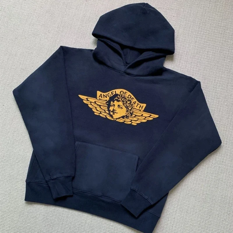 25SS Oversized Saint Michael Angel Hooded Pullovers Pure Cotton Navy Blue Men Clothing