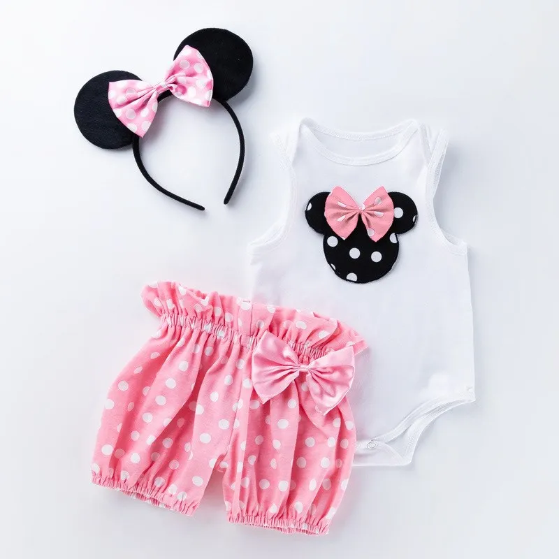 Newborn 0-2 Years Baby Girls Mickey Minnie Birthday Party Clothes Set Children Summer Romper Shorts Ear Headband 3 Pcs Outfits