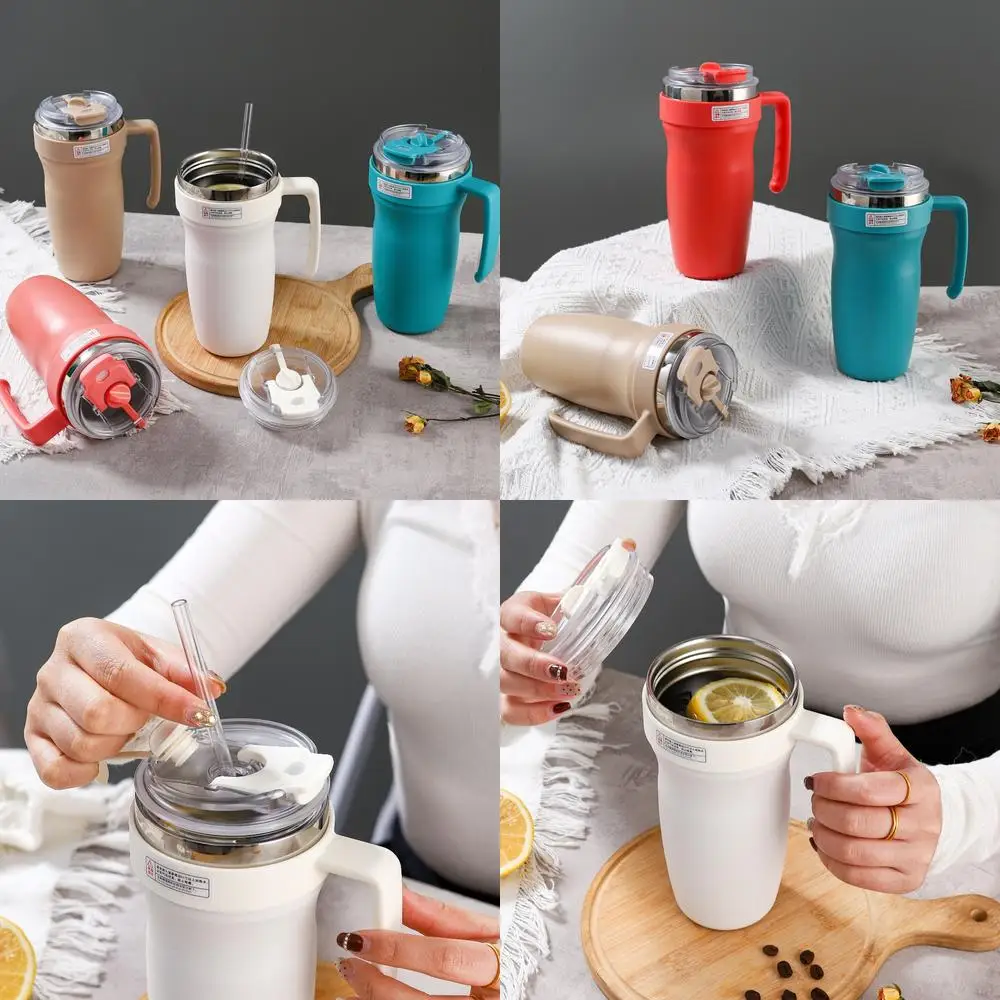 

A 600ml Stylish Handle Straw Cup Stainless Steel Coffee Thermos Bottle for Men Women Students