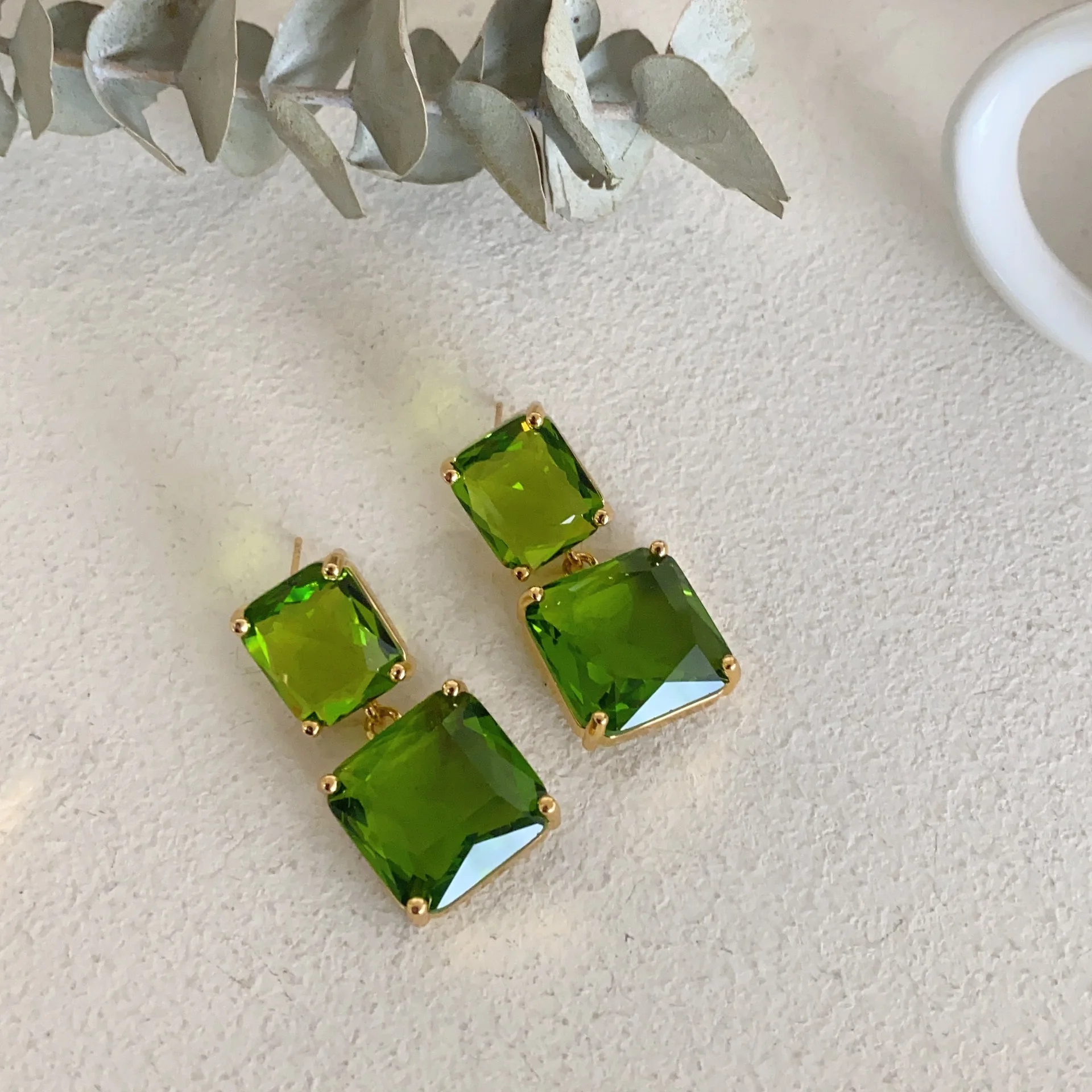 Vintage Fashion Big Square Green Crystal Drop Earrings for Women Jewelry Gift Coloured Glaze Eardrop Bride Party Accessories INS