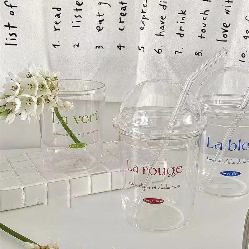 Blue French Cups with Glass Straw Large Capacity Clear Coffee Milk Water Tumbler with Glass Cover Heat-resistant Glass Bobo