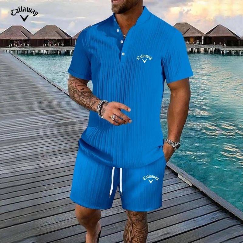 New Embroidered Striped Stand Up Collar Short Sleeved Shorts Shirt Set for Men, Fashionable and Casual Multifunctional Beach Set