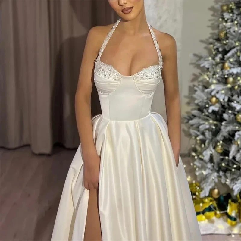 

Ivory Halter Formal Evening Dresses Women A-Line Beaded Side Slit Party Prom Dresses Customized فساتين سهرة ﻿