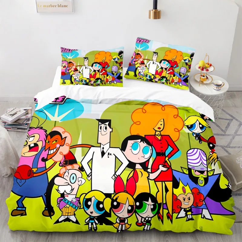 Cartoon Anime Powerpuffs Girls Bedding Set Kawaii Blossom Bubbles Print Quilt Duvet Cover Pillowcase Buttercup Bed Comforter Set