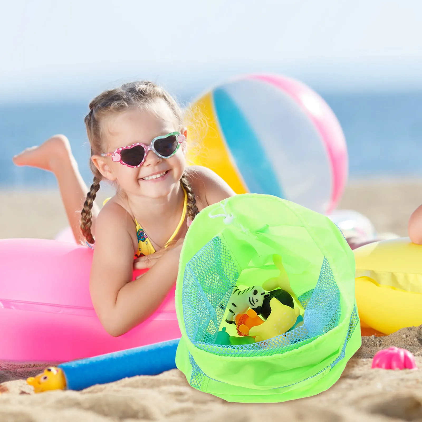 Large Mesh Beach Bag for Kids – Foldable Lightweight Nylon Storage Pouch with Shoulder Strap for Towels, Shells, Sunglasses