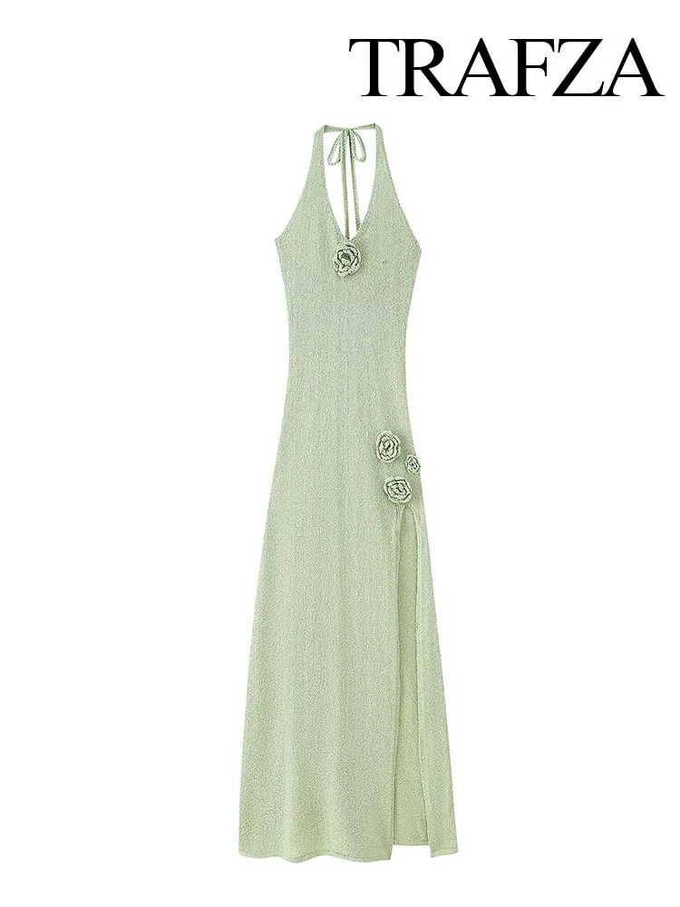 

TRAFZA Women Summer Fashion Halter V-neck Three-Dimensional Flower Decoration Long Dress Female Elegant Sexy Slim Hem Slit Dress