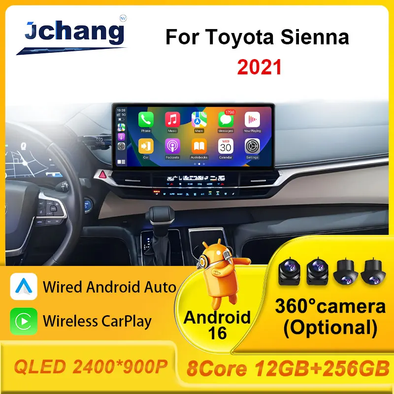 12.3 inch Car Radio Multimedia Player for Toyota Sienna 2021 Wireless CarPlay Head Unit Split Screen GPS Navi Stereo BT 2K QLED