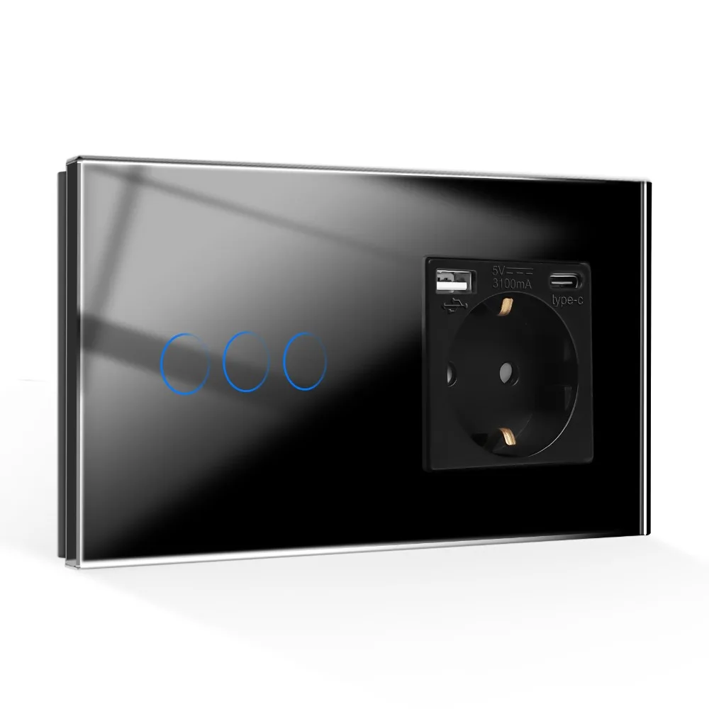 WiFi Smart Switches and Wall Socket Glass Light Switch with USB Socket Type-C WiFi Interruptor Smart Life Google Alexa Control