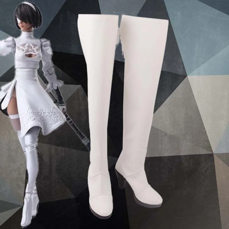 NieR 2B YoRHa No.2 Type B Automata Cosplay Shoes Boots Halloween Anime Game PU Leather White High Heels