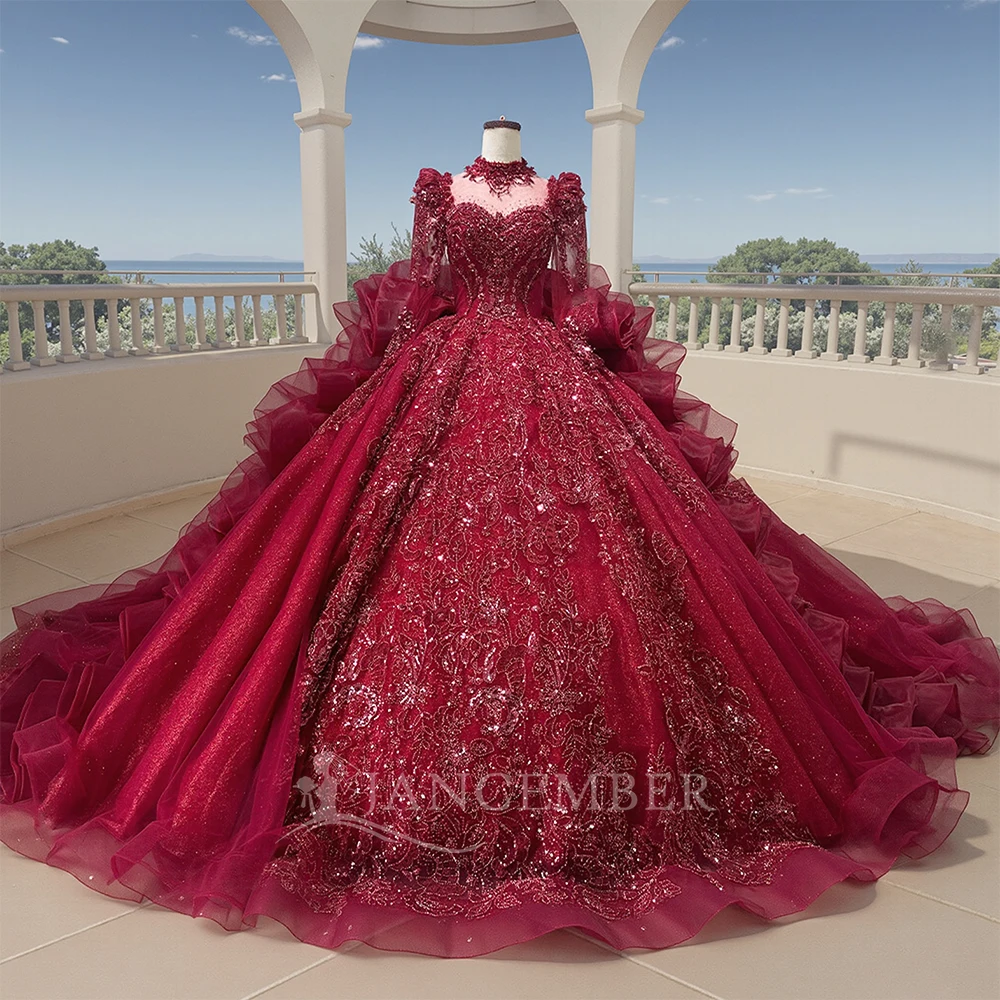 

Nuevo vestido de novia de lujo de manga larga y cuello alto en 2025 con vestido de baile de tren vestido de boda de princesa
