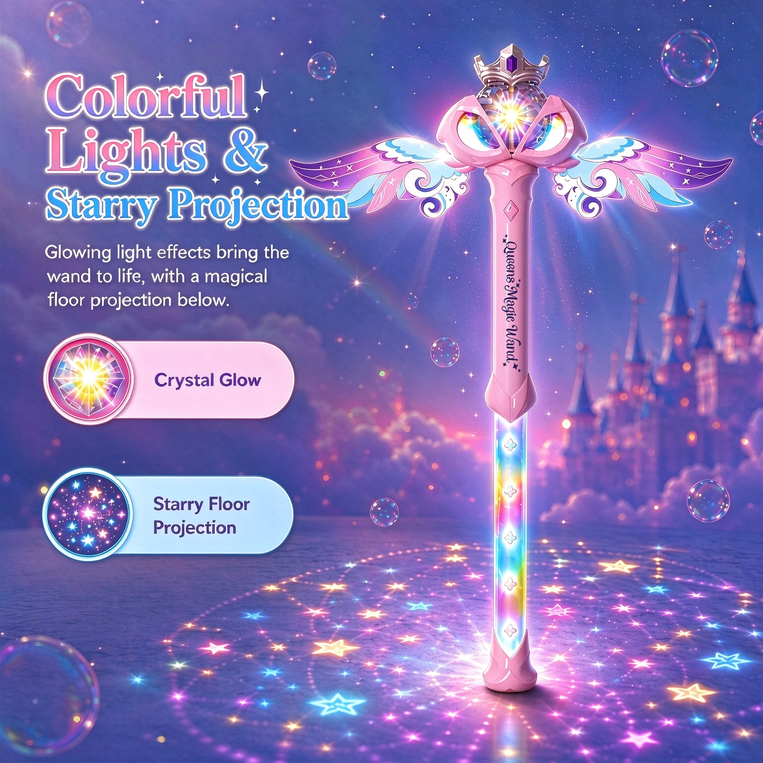 Magic Fairy Bubble Staff, 2-in-1 Long Wand with Rainbow Glow and Opening Wings, Batteries and Bubble Solution Not Included