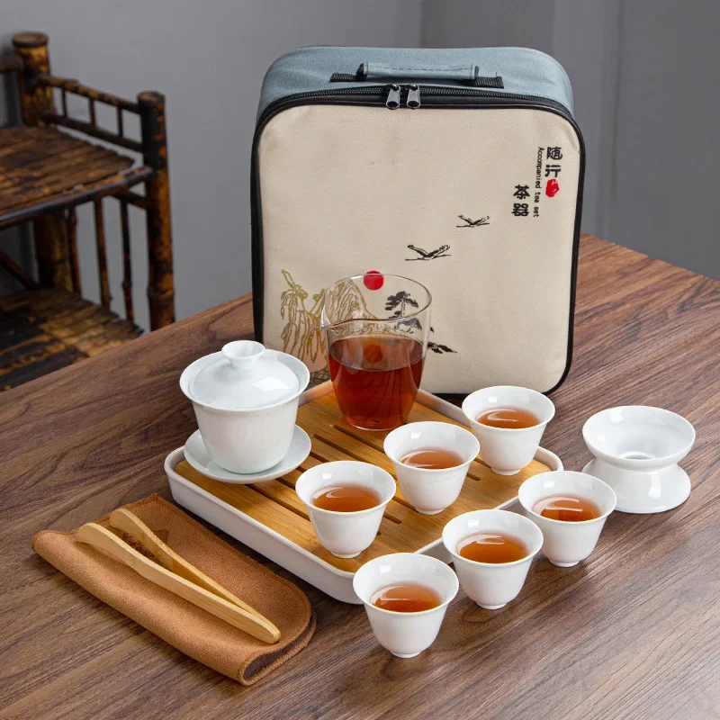 New Drinkware Set Chinese Kung Fu Travel Tea Set Ceramic Portable Teacup Porcelain Gaiwan Tea Cup Mug of Tea Ceremony Teapot