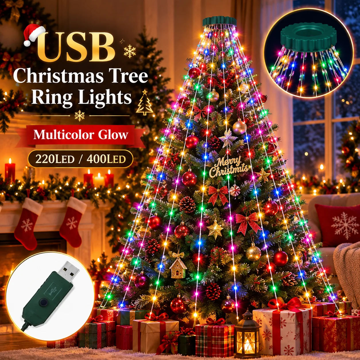 Christmas Tree Lights USB Multicolor LED Ring Tree 220/400LED 8 Modes for Window Wall Door Bedroom Party Holiday Decor