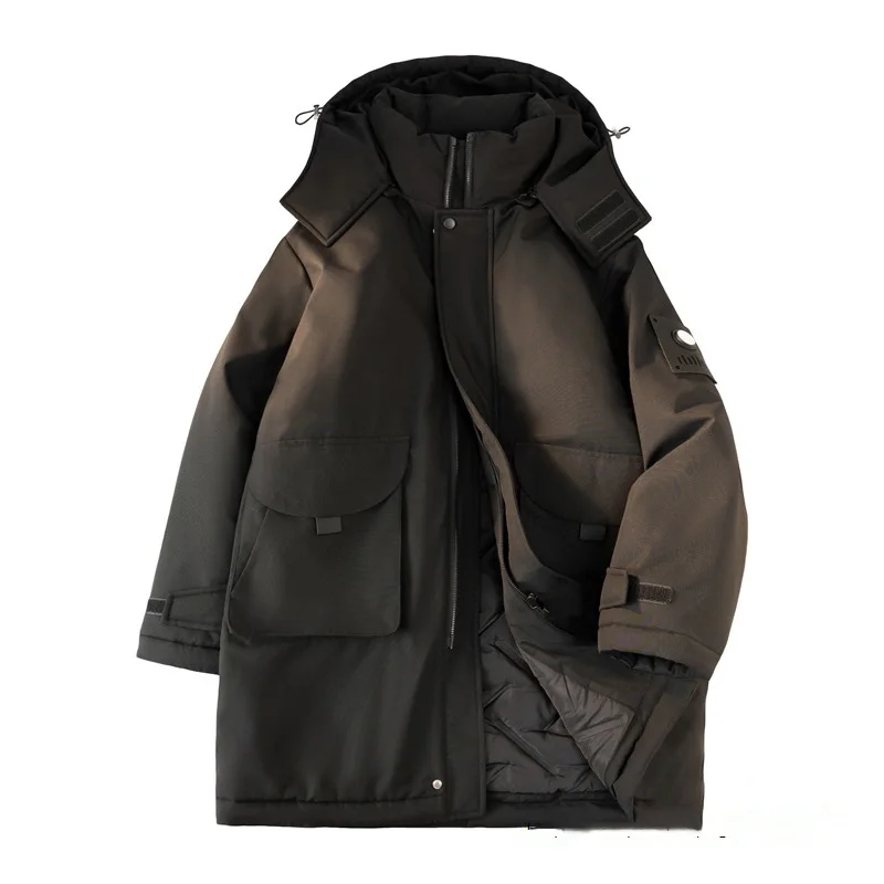 

Winter Men Cargo Jacket Thicken Warm Stand Collar Male Down Coat Long Sleeve Pocket Detachable Hooded Outdoor Man Outerwear