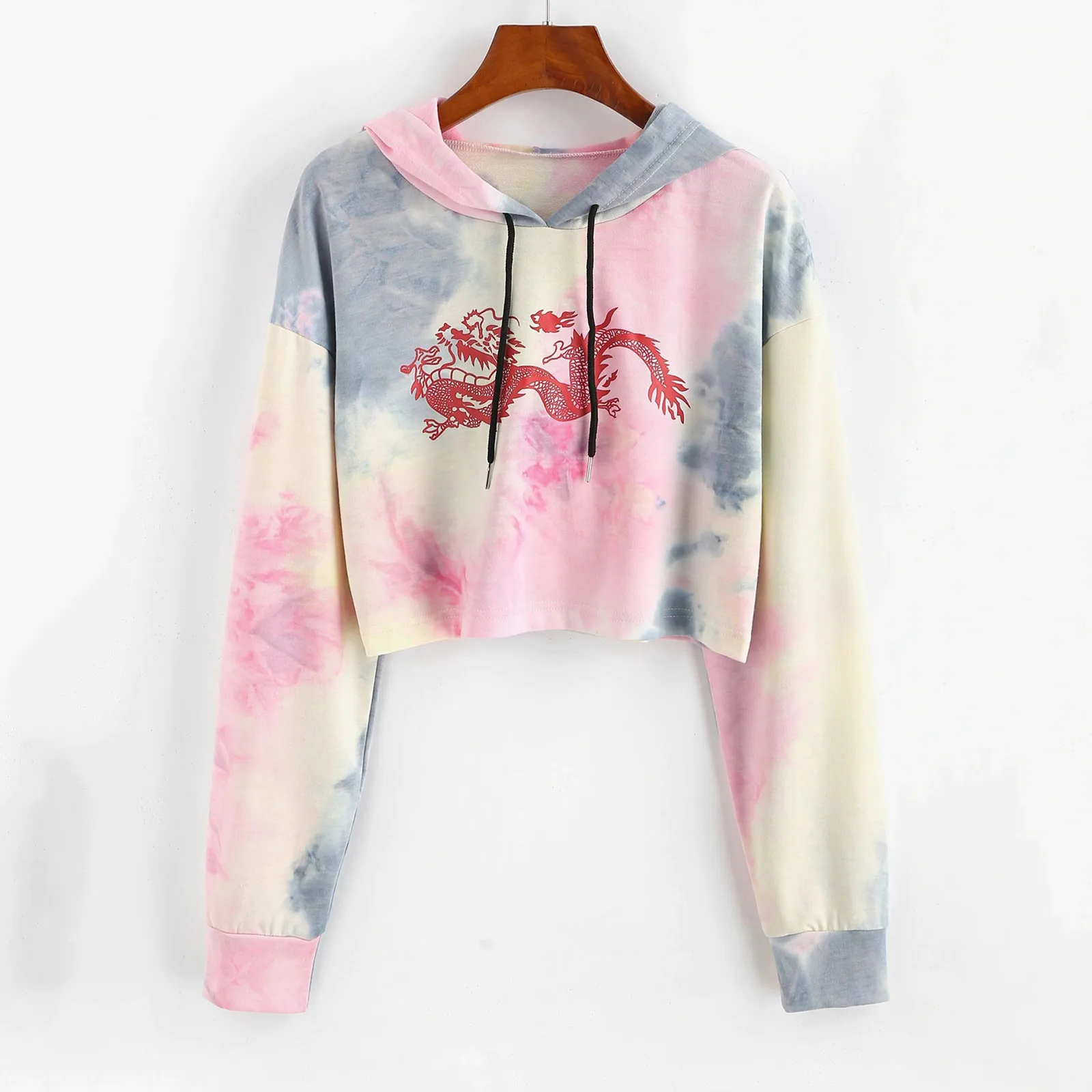 Long Sleeve Hoodies Womens Korean Hooded Short Blouses Dragon Print Sweatshirt Long Sleeve Top Overszie Korean Crop Tops 2023