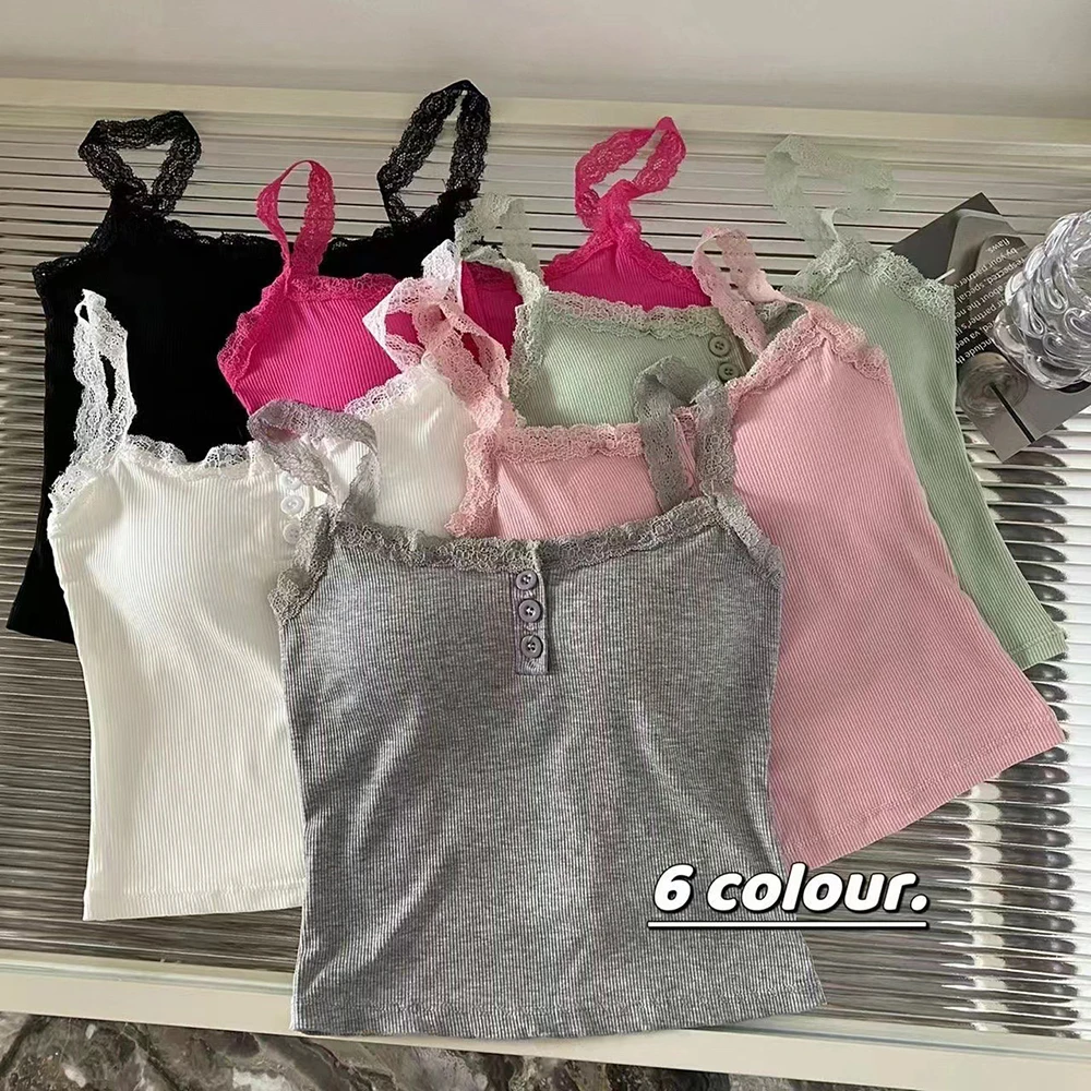 Camiseta sin mangas de encaje para mujer, Top corto ajustado sin mangas a la moda, camisola, chaleco, Tops con tiras, botones ajustados a la moda, ropa básica para mujer