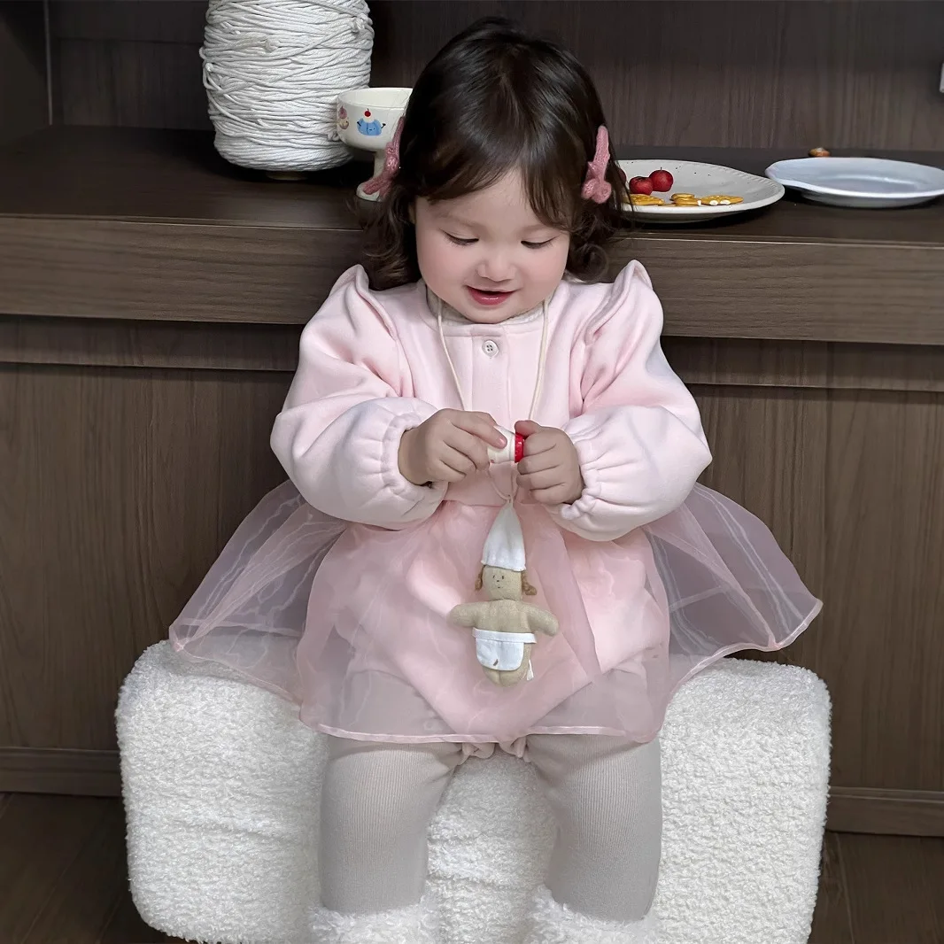 2025 Winter New Baby Girls Plus Velvet Thick Bodysuit Infant Girl Long Sleeve Gauze Dress Cotton Newborn Toddler Warm Jumpsuit