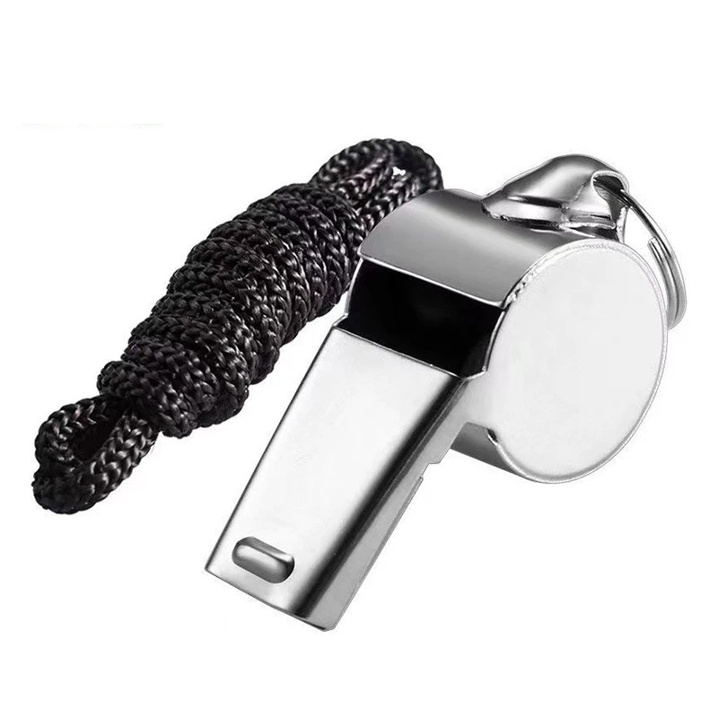 1Pc Stainless Steel Whistle With Black Lanyard Rope For Outdoor Sports 4.6*1.8*2.1cm