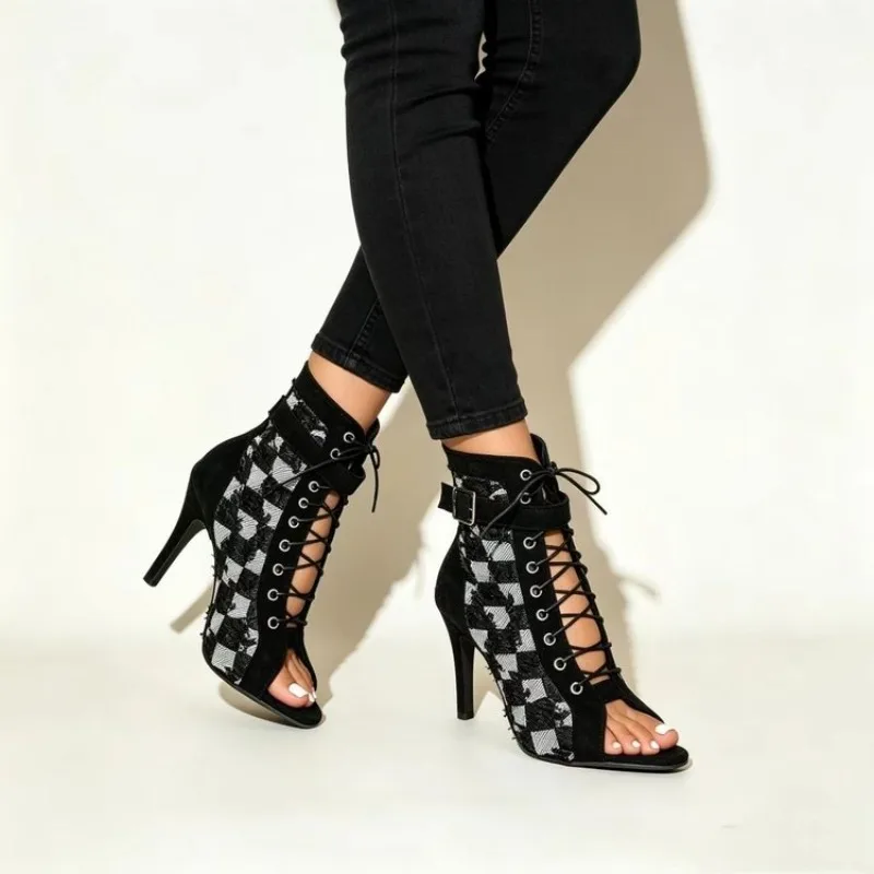 Women's Ankle Boots Open Toe Stiletto Heel Checkered Pattern Suede-Look Texture Lace-Up Buckle Strap Evening Footwear Standard