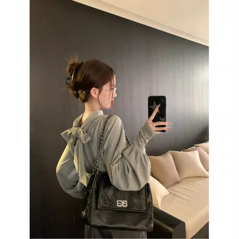 Women Korean Style Y2k Waist Tie Long Sleeve Top Autumn Spring New Relaxed Elegant Outer Wear Slim Fit T-shirt