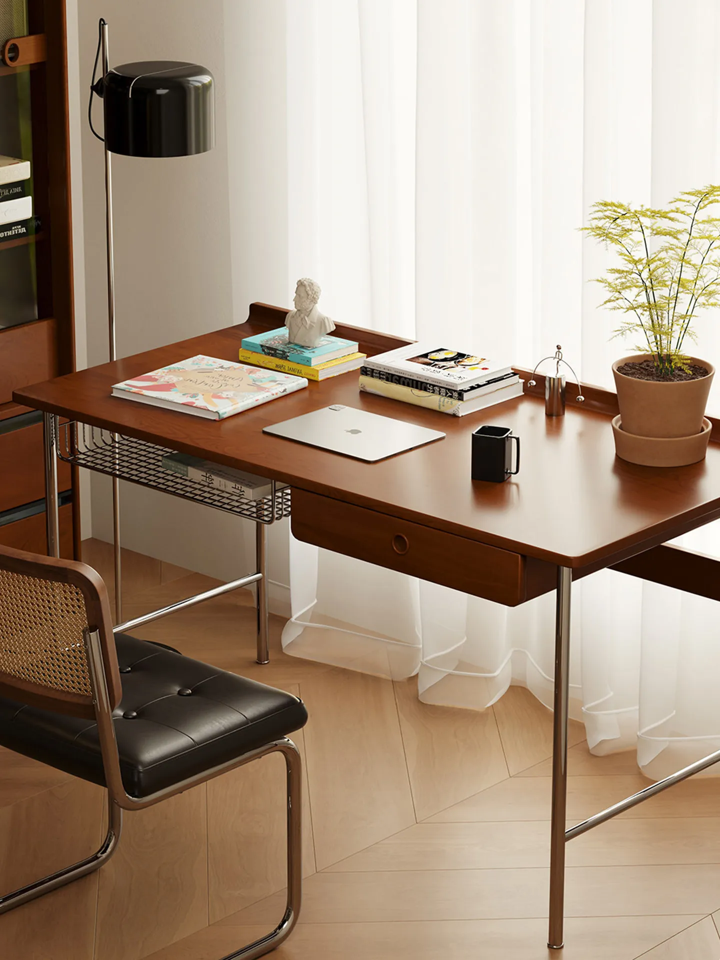 Modern minimalist Bauhaus-style solid wood desk, vintage and luxurious, suitable for home use as a writing or office desk, with