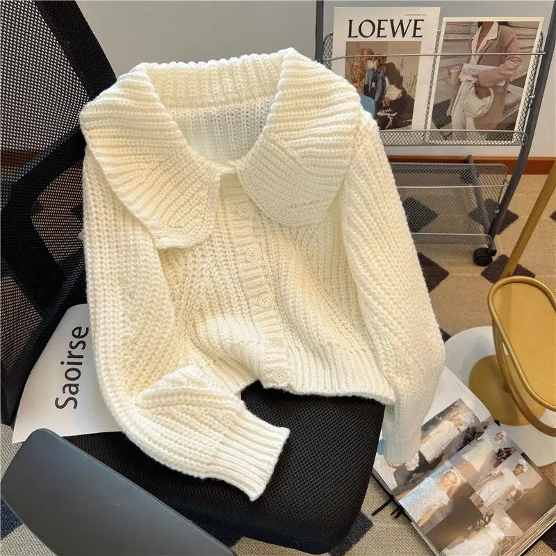 2024 Autumn/Winter Korean Edition New Sweet Doll Neck Short Sweater Women's Loose Knitted Cardigan