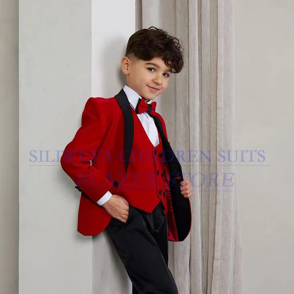 

Fashion Red Clothing for Boys Elegant Single Breasted Shawl Lapel Slim Fit 3 Piece Jacket Pants Vest Customzied Children Outfits