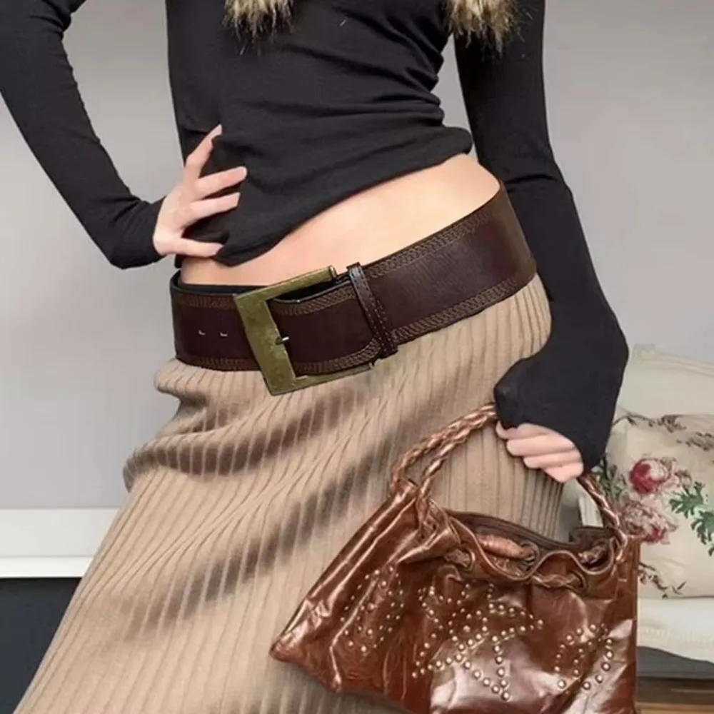 

High Quality Vintage Wide Waistband Punk Style PU Leather Women Belts Solid Color Metal Buckle Grunge Sashes for Women