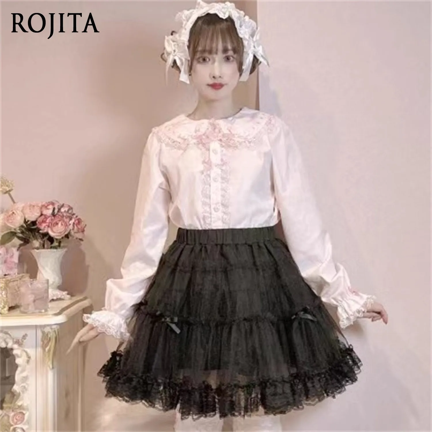 

Ladies Sweet Lolita Kawaii Cute Lace Long Sleeve Bottoming Shirt Women White Shirt Long Sleeve Doll Collar Tops Mujer