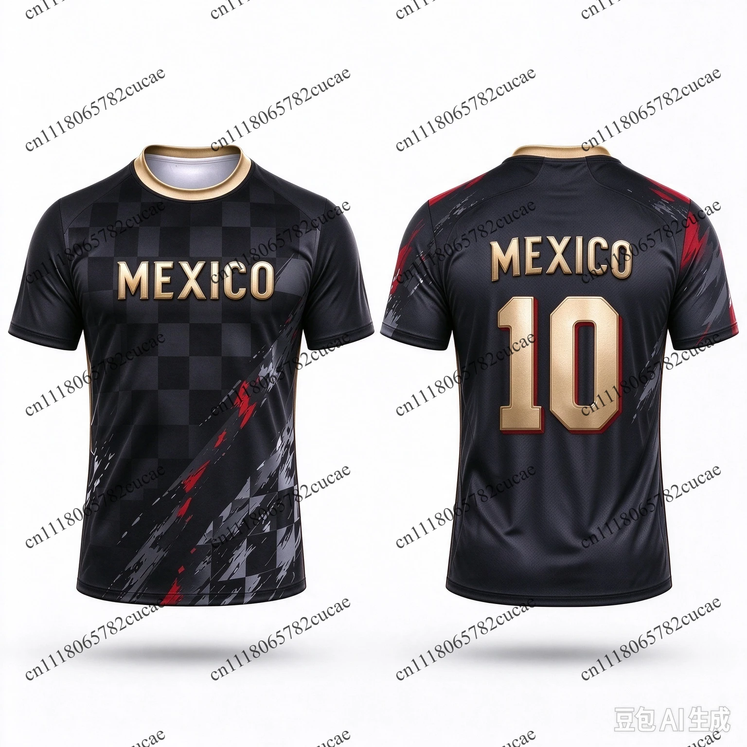 Mexico Gold Letter Print No.10 Fan Top, Lightweight Stretch Football Short Sleeve, Unisex Casual Sports Shirt, Multi-color Link