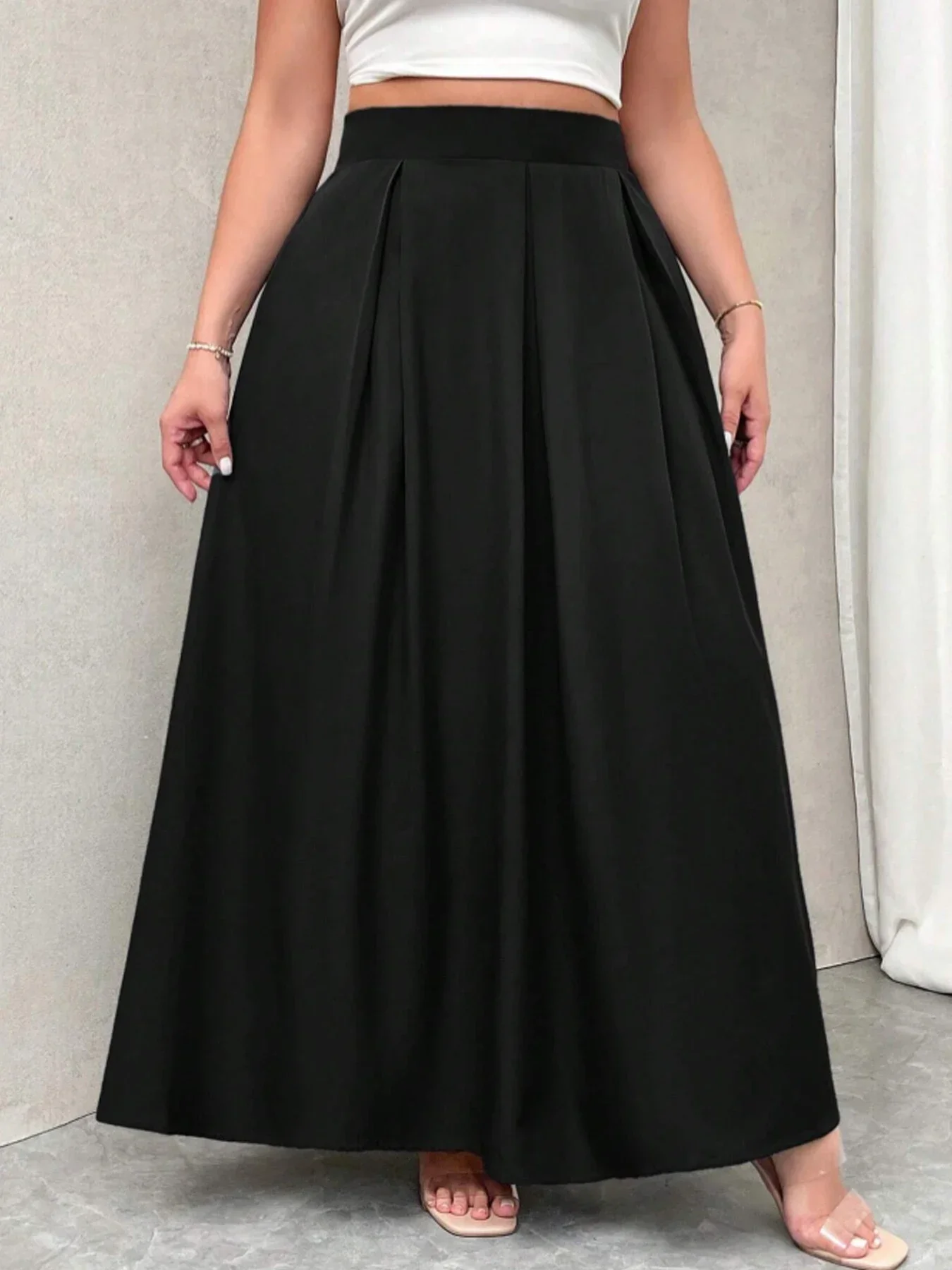 Plus Size Damen Einfarbiger Plissierter Maxirock mit Hoher Taille, Ausgestellter Langer Rock, Lässig-Eleganter A-Linien-Rock für Damen – Detail 4