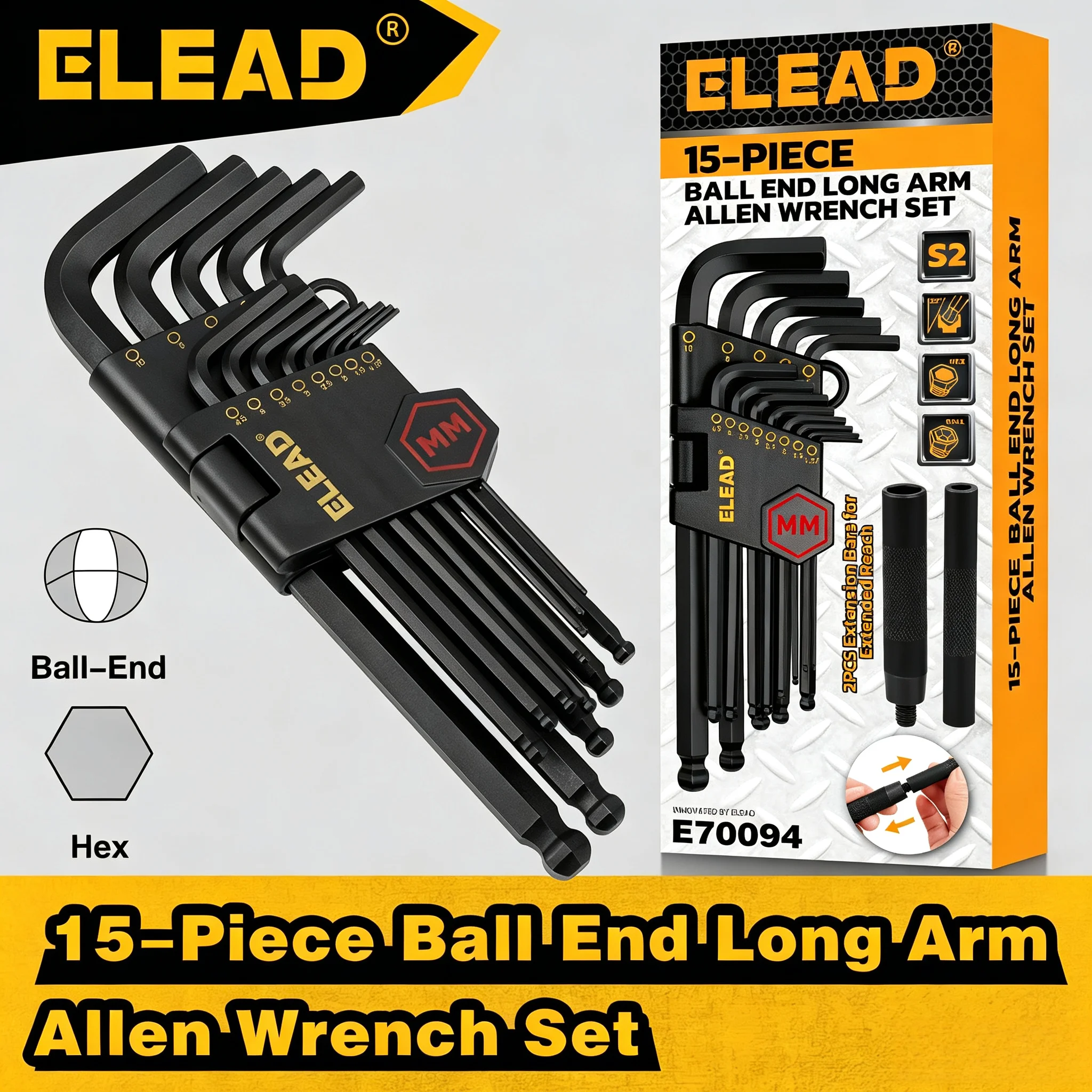 ELEAD 15Pcs Metric Hex Key Allen Wrench Set 1.27-10mm Long Arm Ball End S2 Heat-Treated Steel With Extension Bar