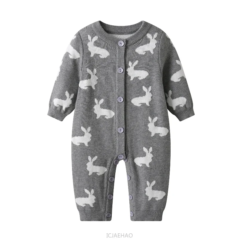 

Новинка 2023 года, зимняя одежда, детский вязаный комбинезон, детский серый хлопковый детский наряд для ползания, жаккардовый комбинезон с кроликом