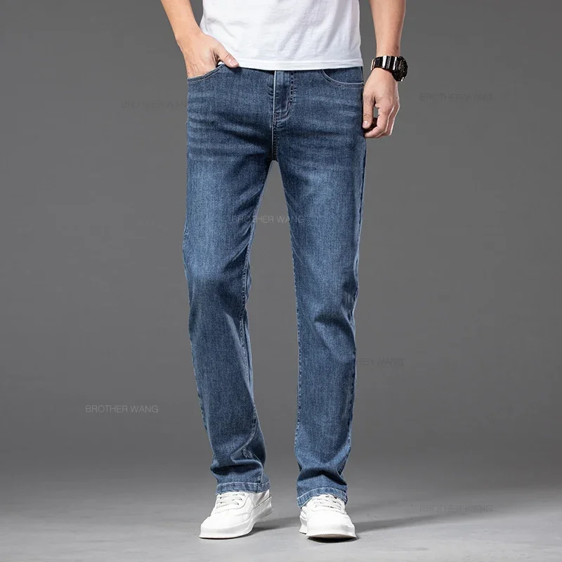 Spring Summer Thin Men\'s Classic Jeans Elastic Loose Straight Cotton Casual Denim Trousers Brand Clothing Business Male Pants