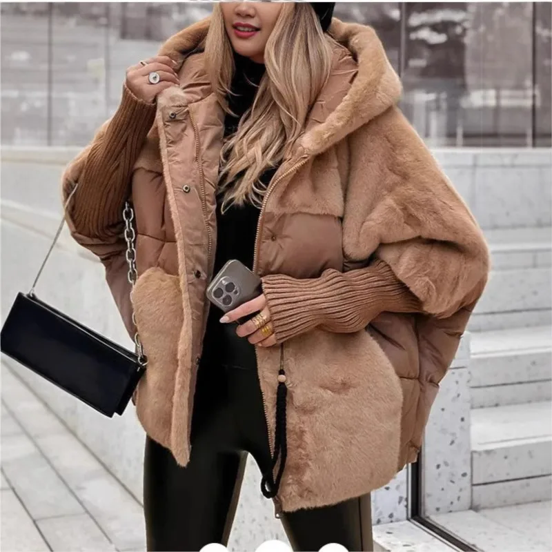 Comfort Chic Women Hooded Outerwear 2025 Winter Patchwork Warm Cotton Coat 2025 New Padded Jacket Cardigan Oversize Parka Coat