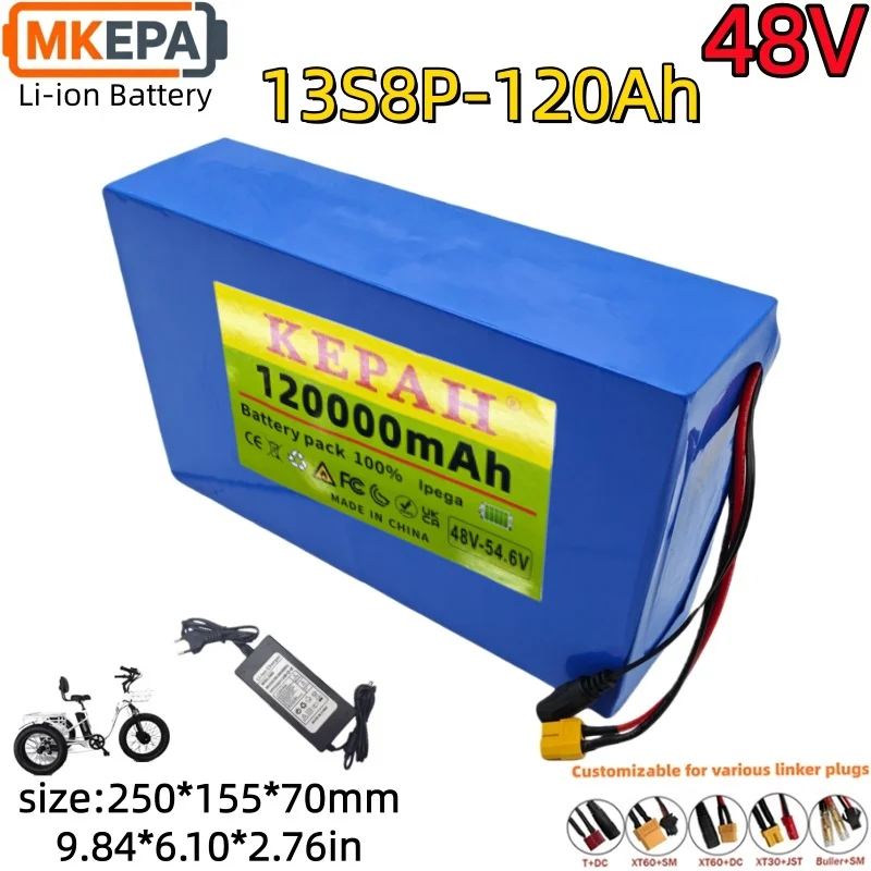 

13S8P 48V 120Ah 18650 large capacity lithium battery pack for 48V 250W-1500W electric bicycle scooter+54.6V 2A charger,BMS