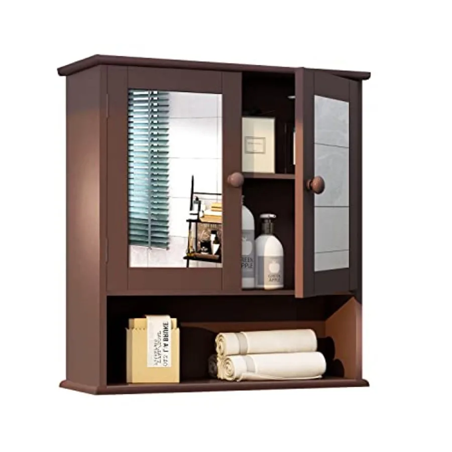 

Medicine Cabinet - 2 Doors 3 Open Shelves Wall Mounted Wooden Storage Cabinet for Bathroom Laundry Room Kitchen
