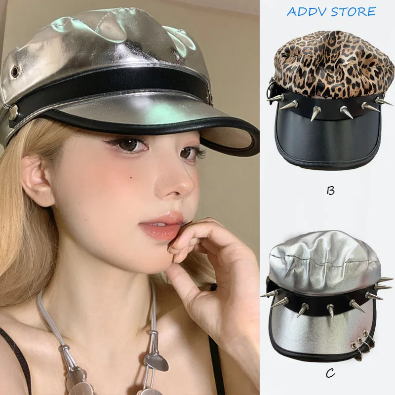 

Sliver Leopard Print Rivet Leather Buckle PU Leather Octagonal Hats for Women Street Trend Versatile Berets Cap Casquette Femme