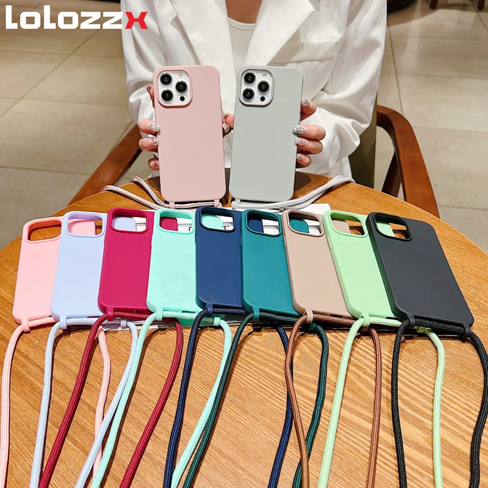 Crossbody Lanyard Necklace Cord Matte Phone Case For iPhone 13 12 11 14 15 16 Pro Max 16 Plus X XR XS Silicone Protection Cover