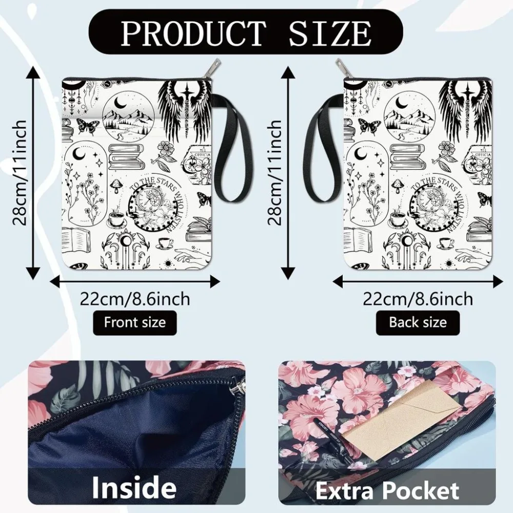 Gothic Book Covers Moon Book Sleeve White Book Protector for Paperbacks Washable Fabric Cloth Book Cover with Zipper