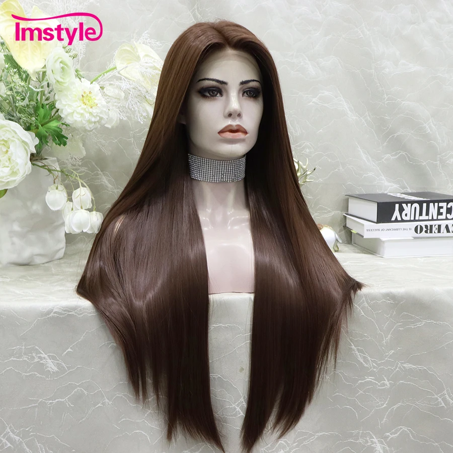 Imstyle Brown Wig Long Synthetic Lace Front Wig Straight Hair Cosplay Wig For Women Heat Resistant Fiber Daily Wigs