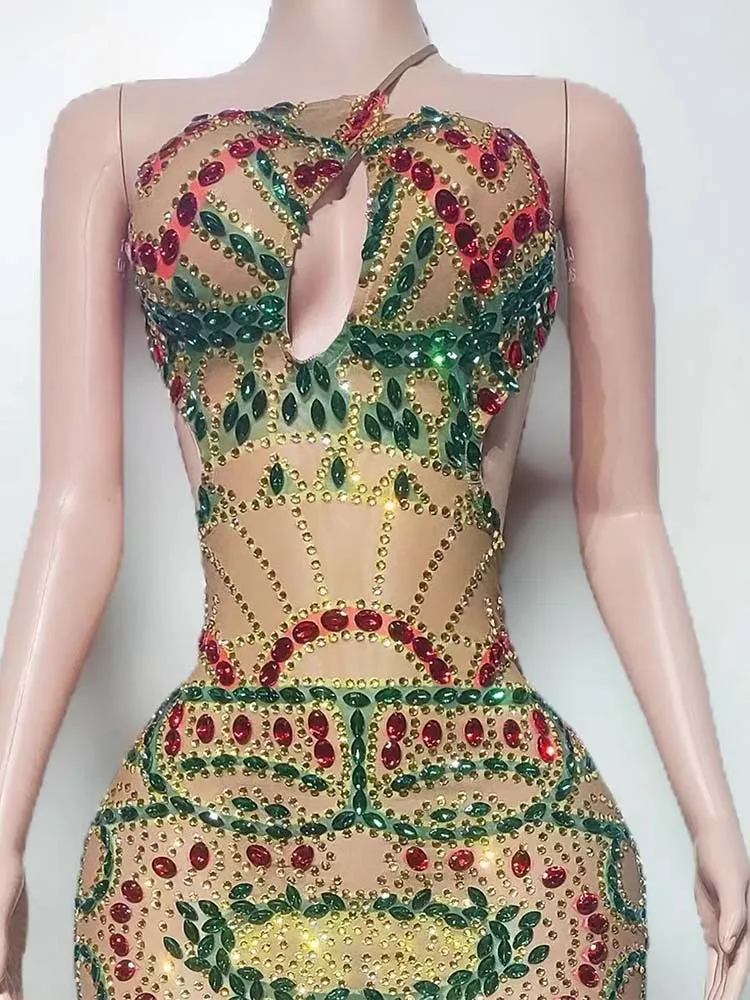 Abito con bretelle in rete trasparente con strass colorati di alta qualità 2025 Abbigliamento da donna personalizzato di nuova moda